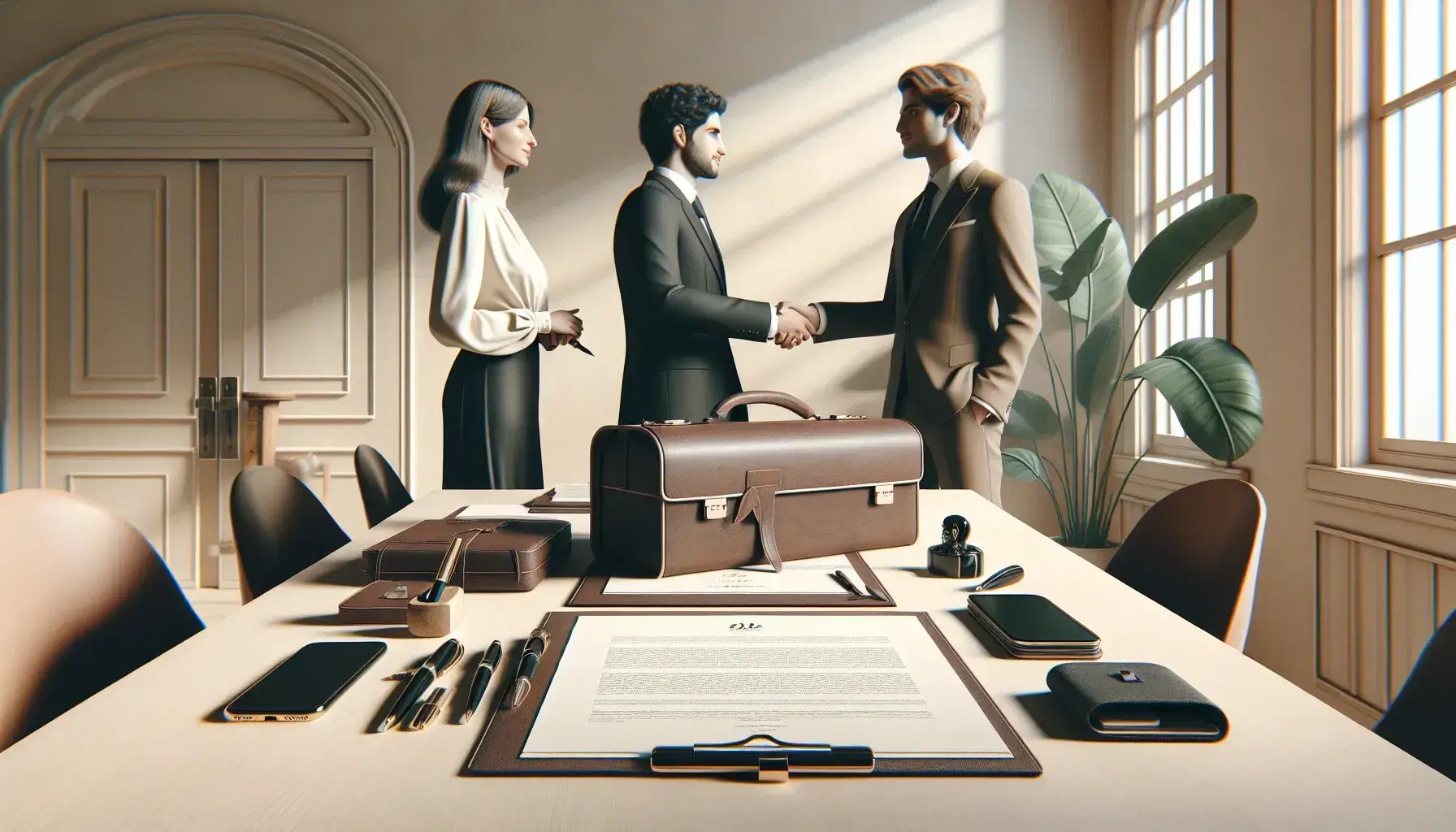 Tres profesionales en reunión de negocios, dos estrechando manos sobre mesa de madera con maletín, móviles y documentos.