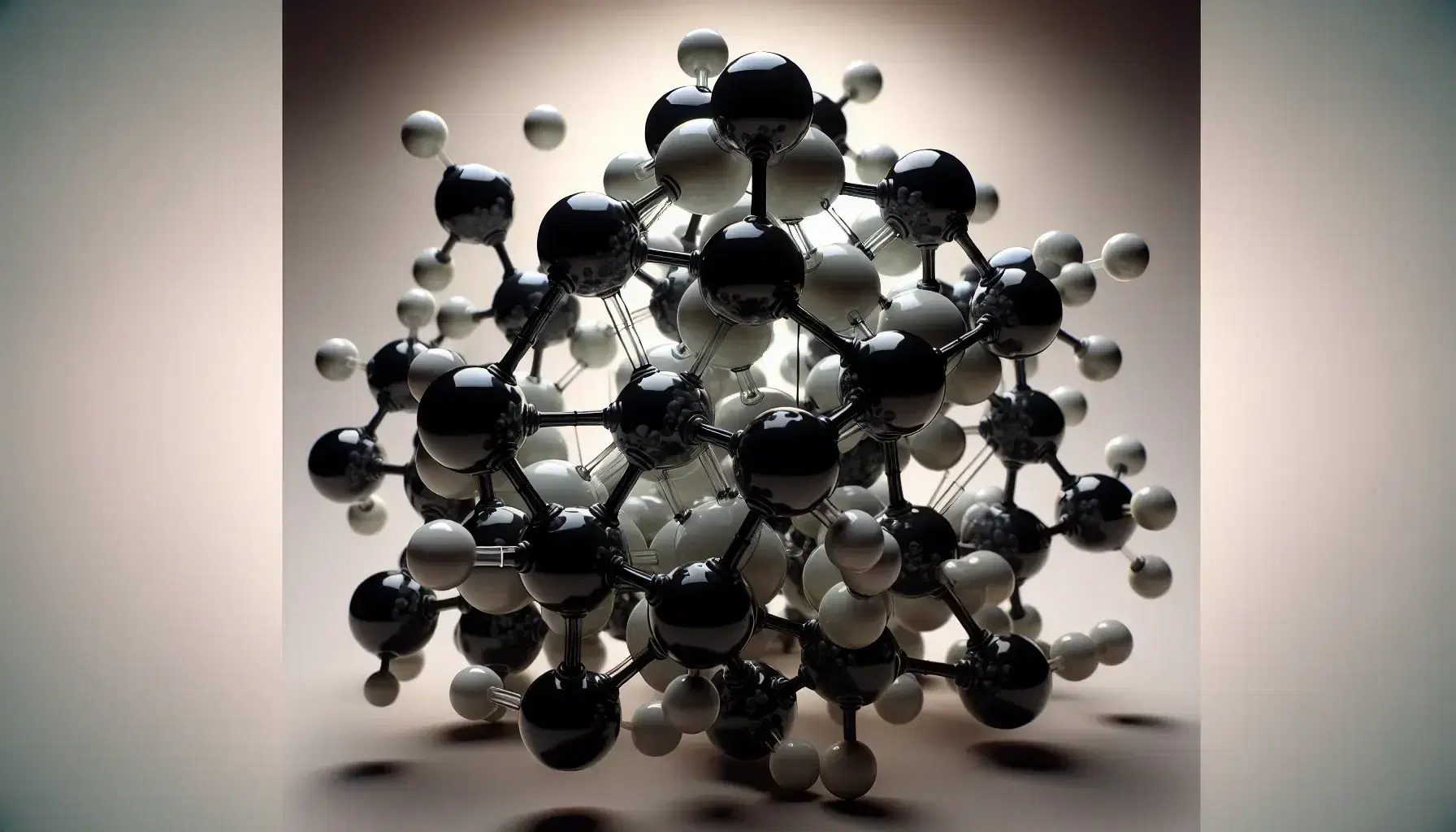 Estructura molecular tridimensional de compuesto orgánico con átomos de carbono e hidrógeno, mostrando enlaces químicos y disposición tetraédrica.