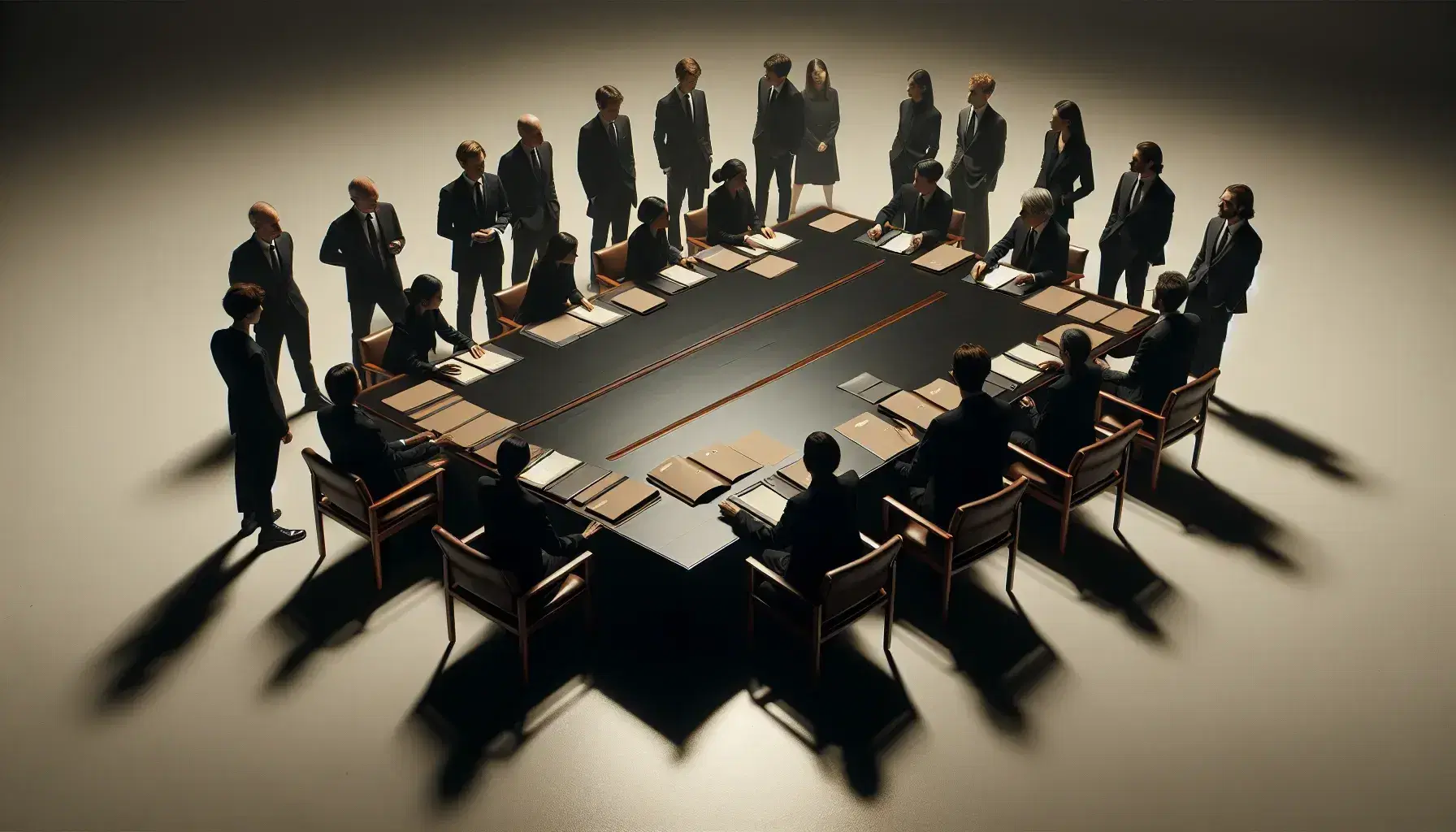 Grupo de profesionales en trajes oscuros reunidos alrededor de una mesa de madera en una sala de juntas, discutiendo documentos importantes.