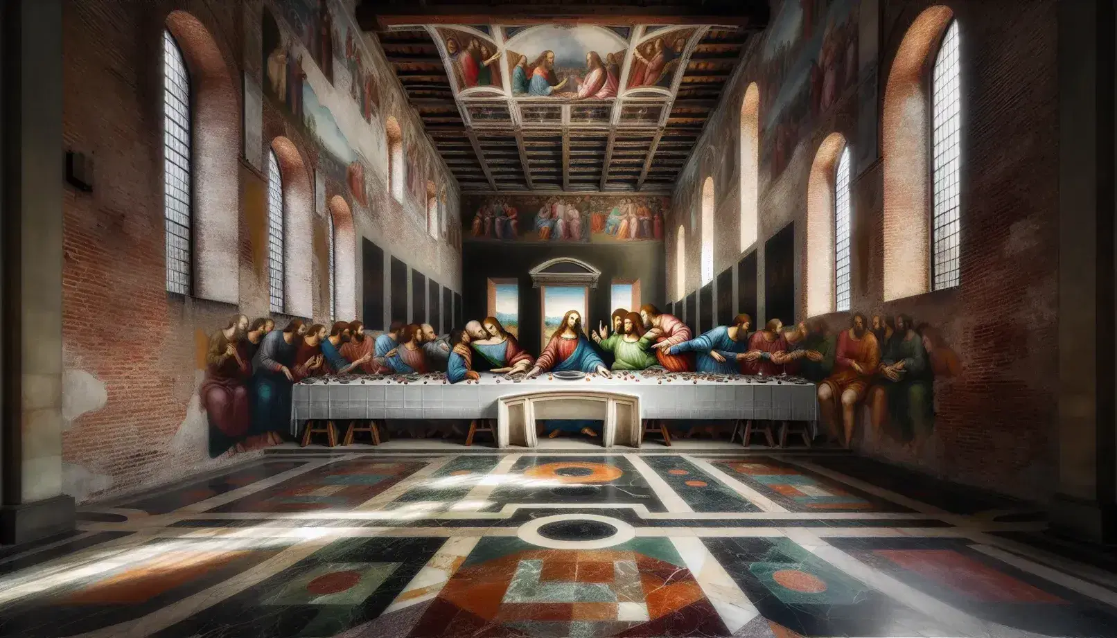 Interno della chiesa di Santa Maria delle Grazie con vista parziale del Cenacolo di Leonardo, pareti in mattone e pavimento in marmo policromo.