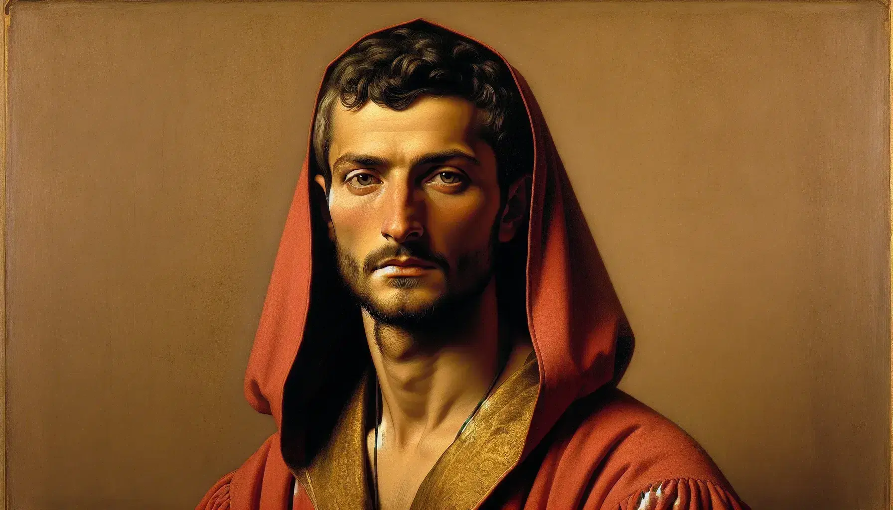 Ritratto di letterato italiano in abito rosso con bordature dorate e cappuccio, espressione seria, su sfondo beige uniforme.