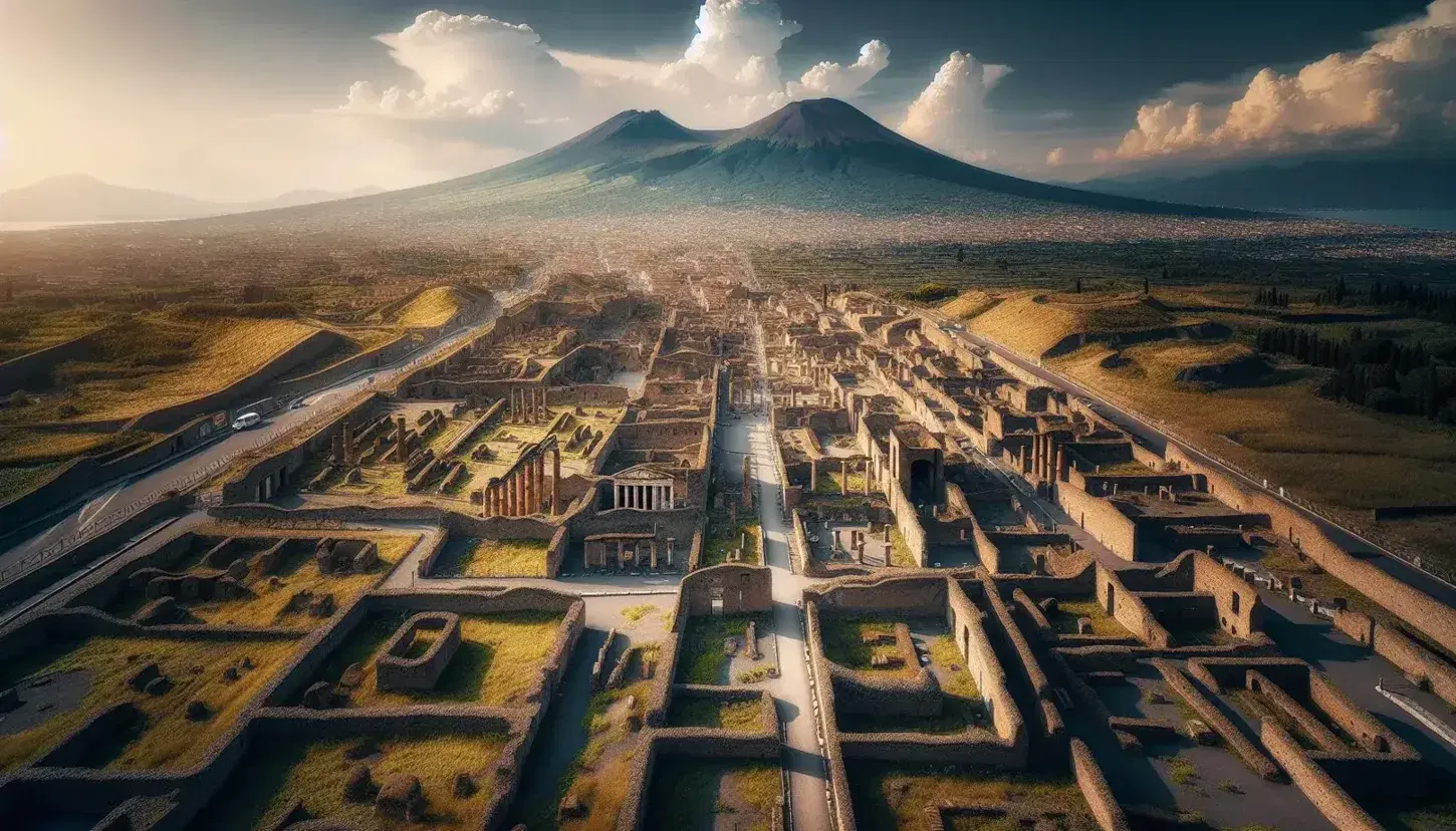 Veduta aerea delle antiche rovine di Pompei con il Vesuvio sullo sfondo, strade e edifici in pietra tra vegetazione sparsa sotto un cielo sereno.