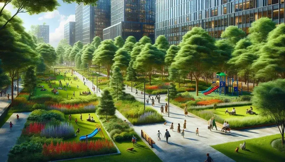 Lush urban park with vibrant flower beds, diverse people on paths, children playing on colorful playground, and tall buildings lining the perimeter under a clear blue sky.