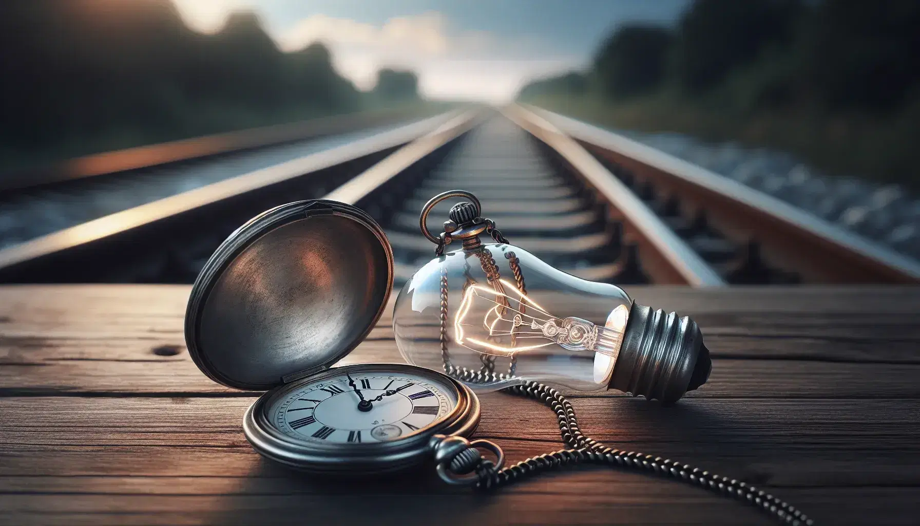 Orologio da tasca antico aperto con catena su tavolo in legno, accanto a lampadina spenta, sfondo con binari ferroviari e cielo azzurro.