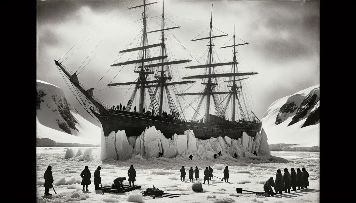 Vintage sailing ship trapped in the Antarctic ice with men working to free it, surrounded by a desolate polar landscape.
