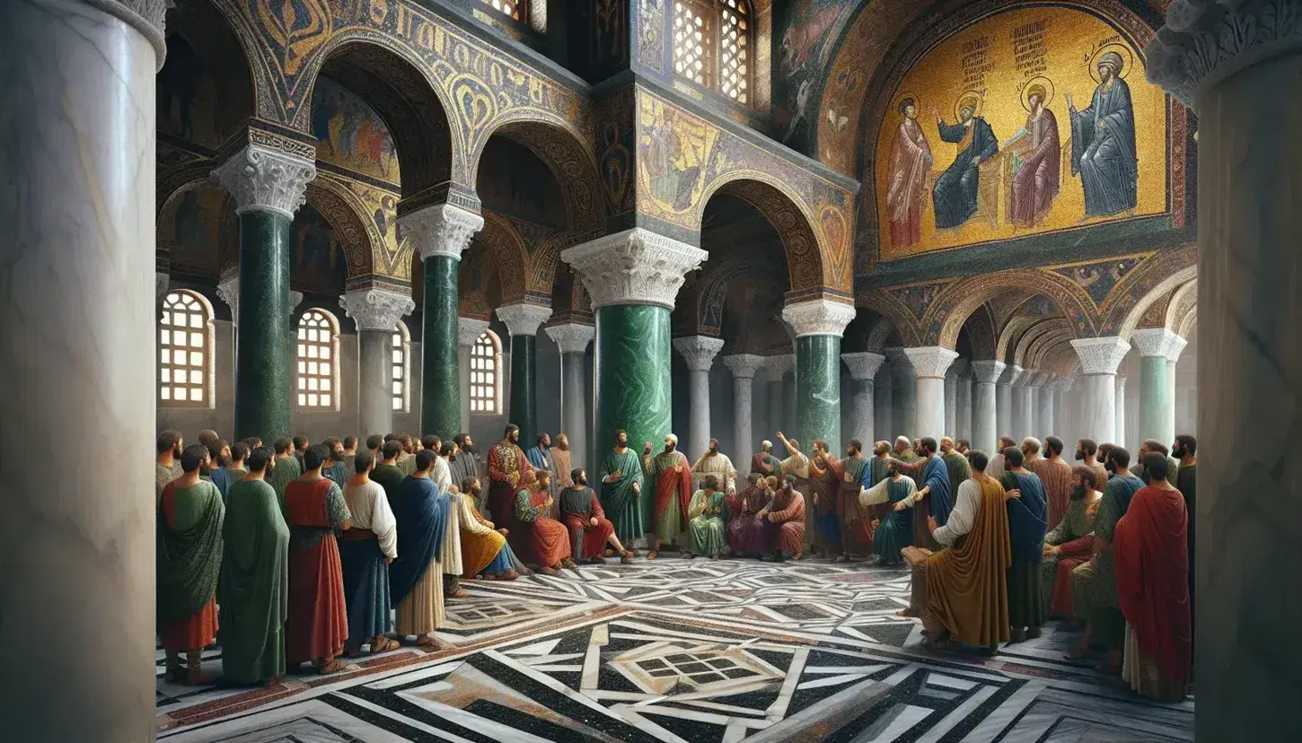 Interno di basilica bizantina con colonna in marmo verde, mosaici scintillanti e gruppo di figure in tunica discutenti.