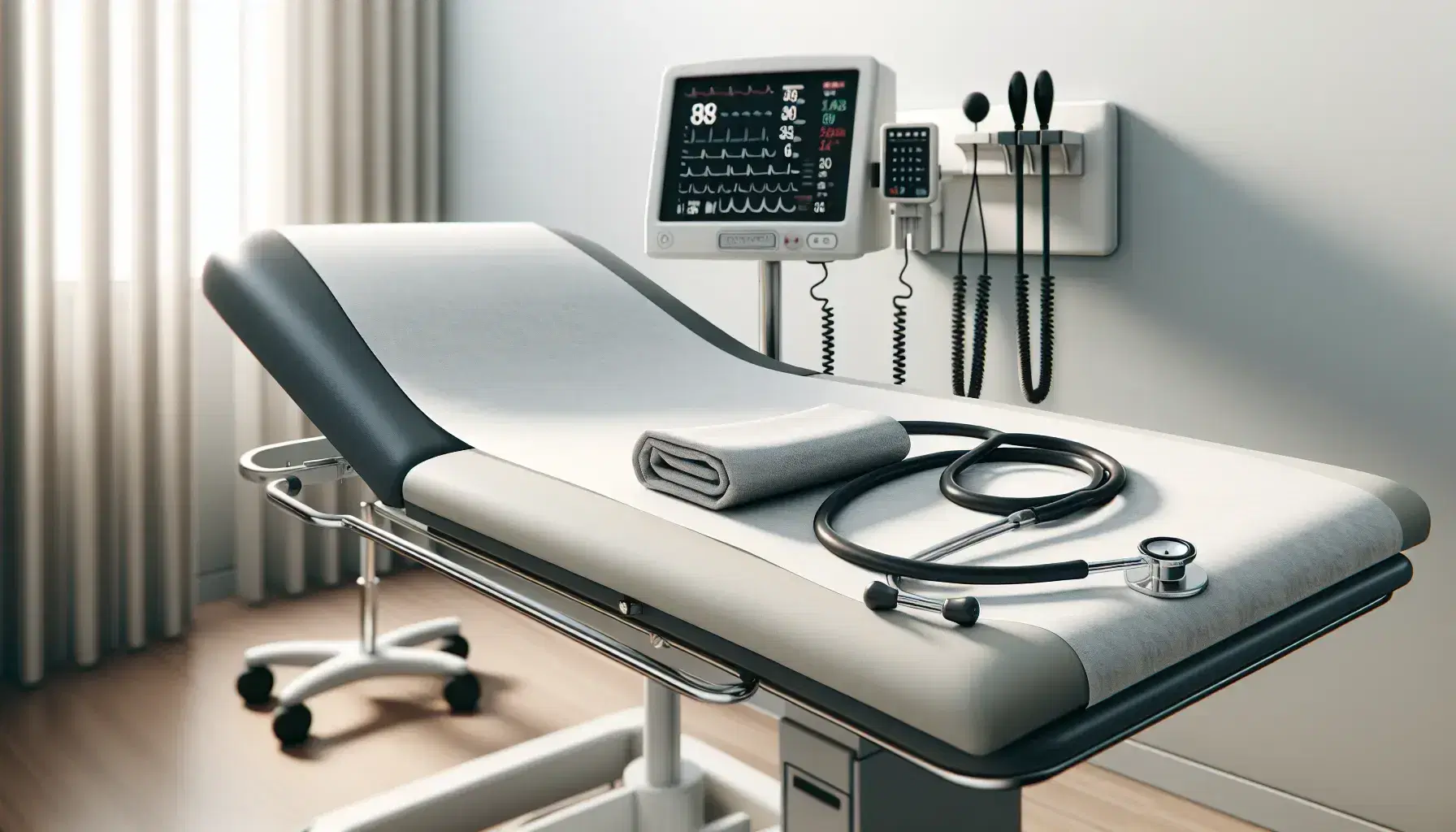 Mesa de examen médico con papel desechable blanco y estetoscopio negro junto a esfigmomanómetro aneroide en consultorio con monitor de signos vitales apagado.