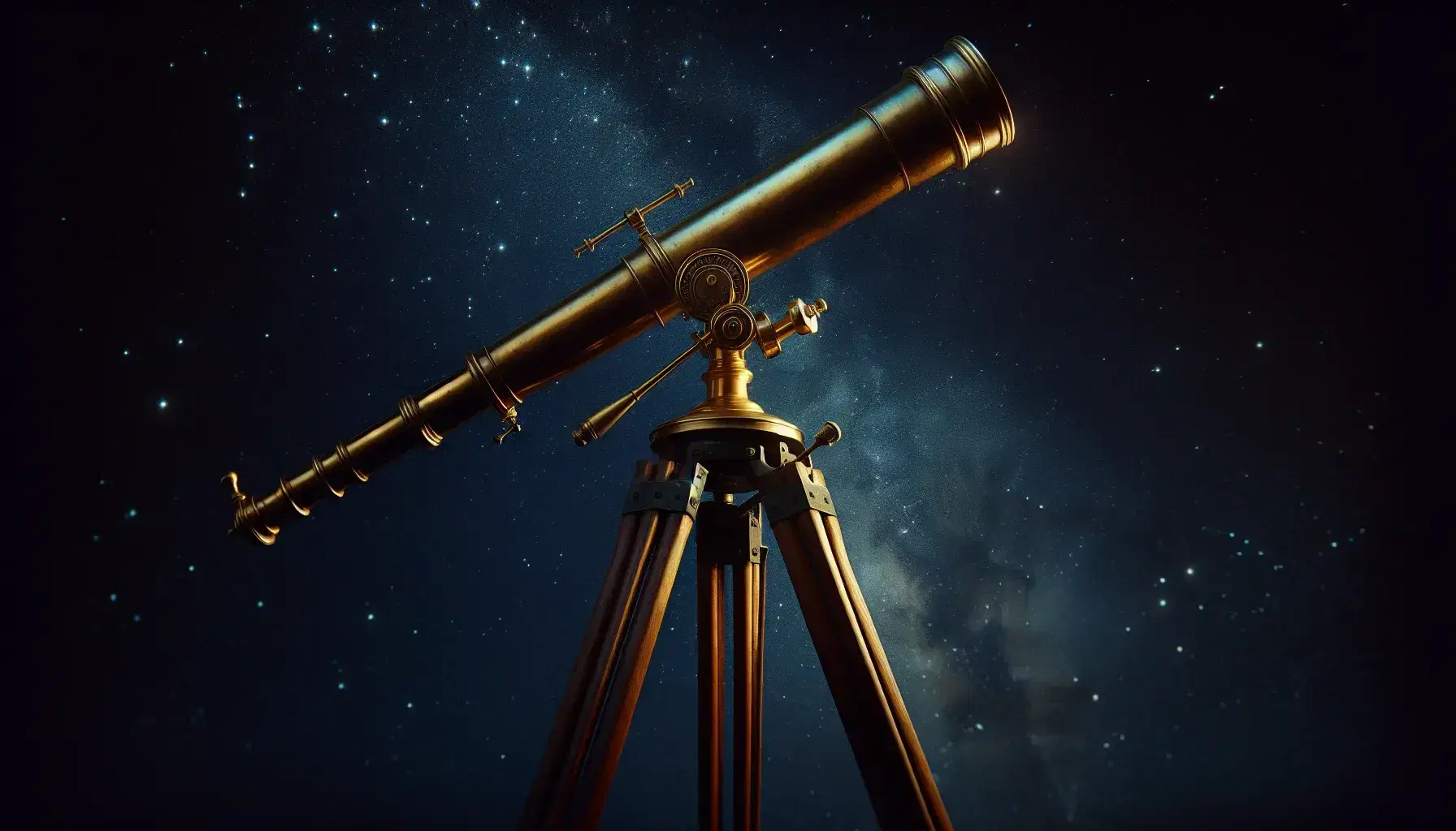 Telescopio antico in ottone su treppiede di legno puntato verso un cielo notturno stellato senza nuvole.