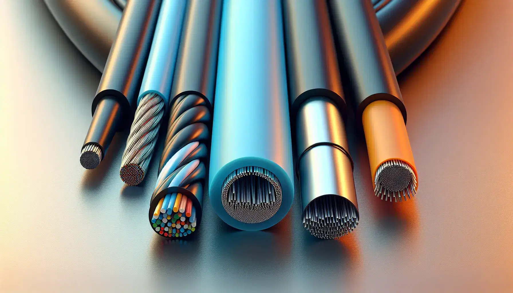 Primer plano de tres tipos de cables para transmisión de datos: coaxial negro, par trenzado azul claro y fibra óptica ancha naranja, sobre superficie lisa.
