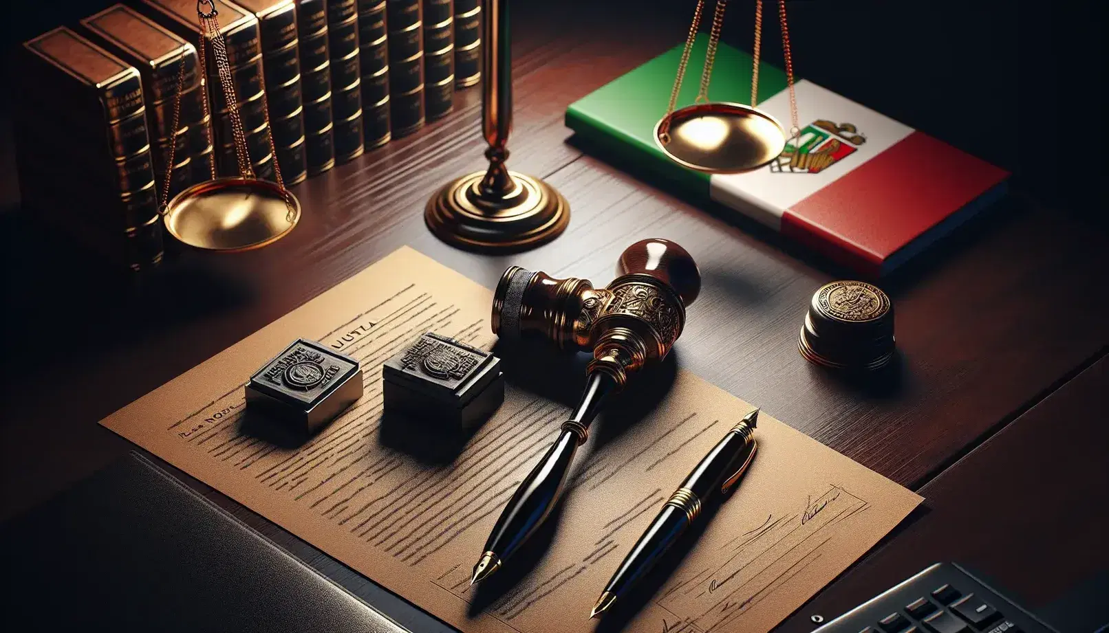 Scrivania in legno scuro con timbro metallico, tampone d'inchiostro, penna stilografica, bilancia della giustizia e bandiera italiana.