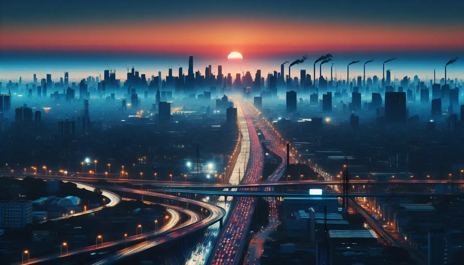 City view at dusk with busy highways, golden skyscrapers, industrial smoke and a setting sun on the horizon.