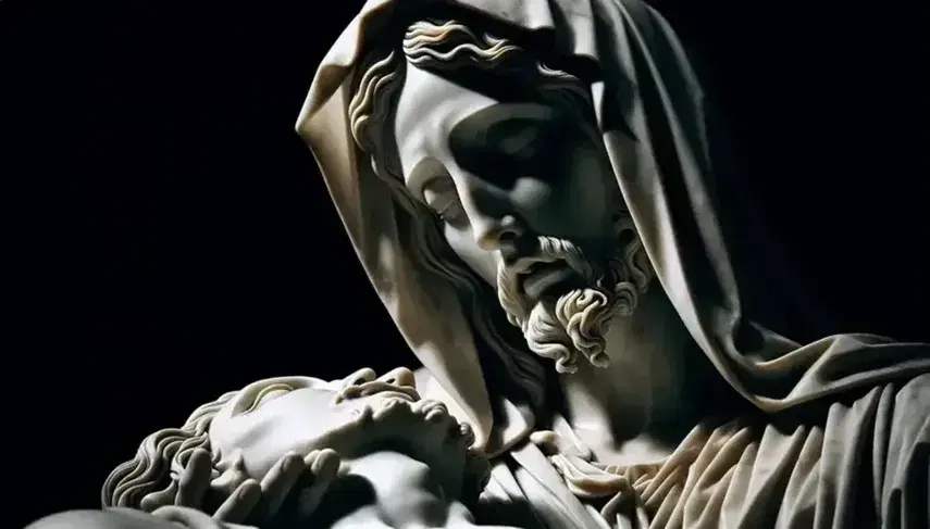 Pietà di Michelangelo in marmo, con Maria che guarda Gesù disteso sul suo grembo, dettagli di pieghe e muscolatura evidenziati dalla luce.