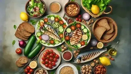 Tavola con cibo della dieta mediterranea: insalata verde con pomodorini, filetti di pesce grigliati, pane integrale, frutta secca, verdure fresche e cereali integrali.
