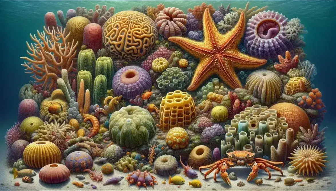 Stella marina arancione, spugne colorate, granchio, lumaca di mare e millepiedi su un reef corallino vivace con giochi di luce sott'acqua.