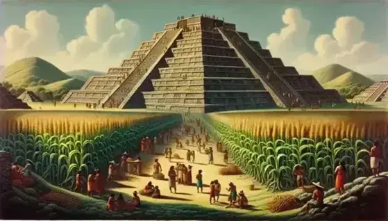 Panoramic view of an ancient Mesoamerican stepped pyramid, surrounded by corn fields and a busy market, under a blue sky.