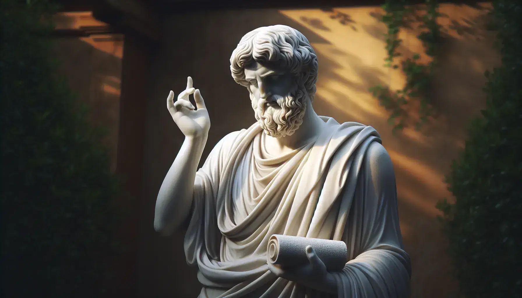 Statua in marmo bianco di filosofo greco antico con pergamena e mano alzata, in posa riflessiva, su sfondo sfocato verde-marrone.