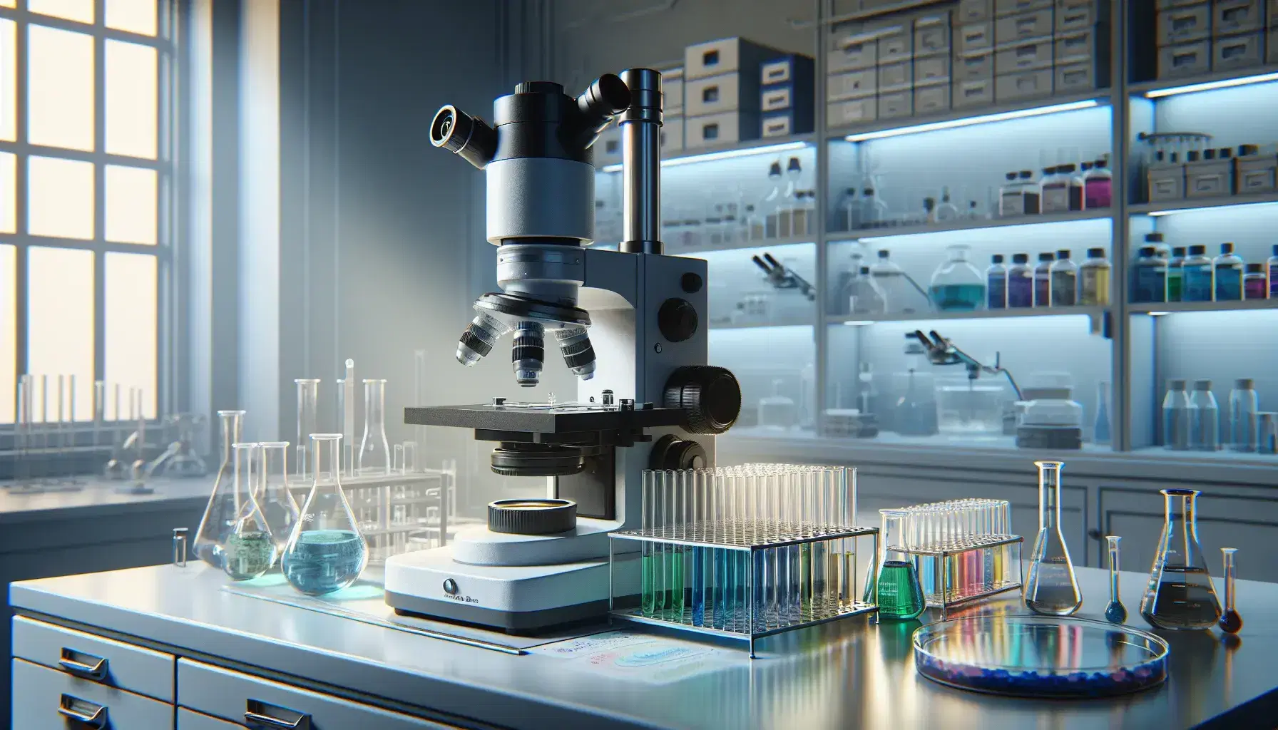 Laboratorio scientifico con microscopio elettronico al centro, provette con liquidi colorati e piastra Petri su tavolo bianco, sfondo sfocato con attrezzature.