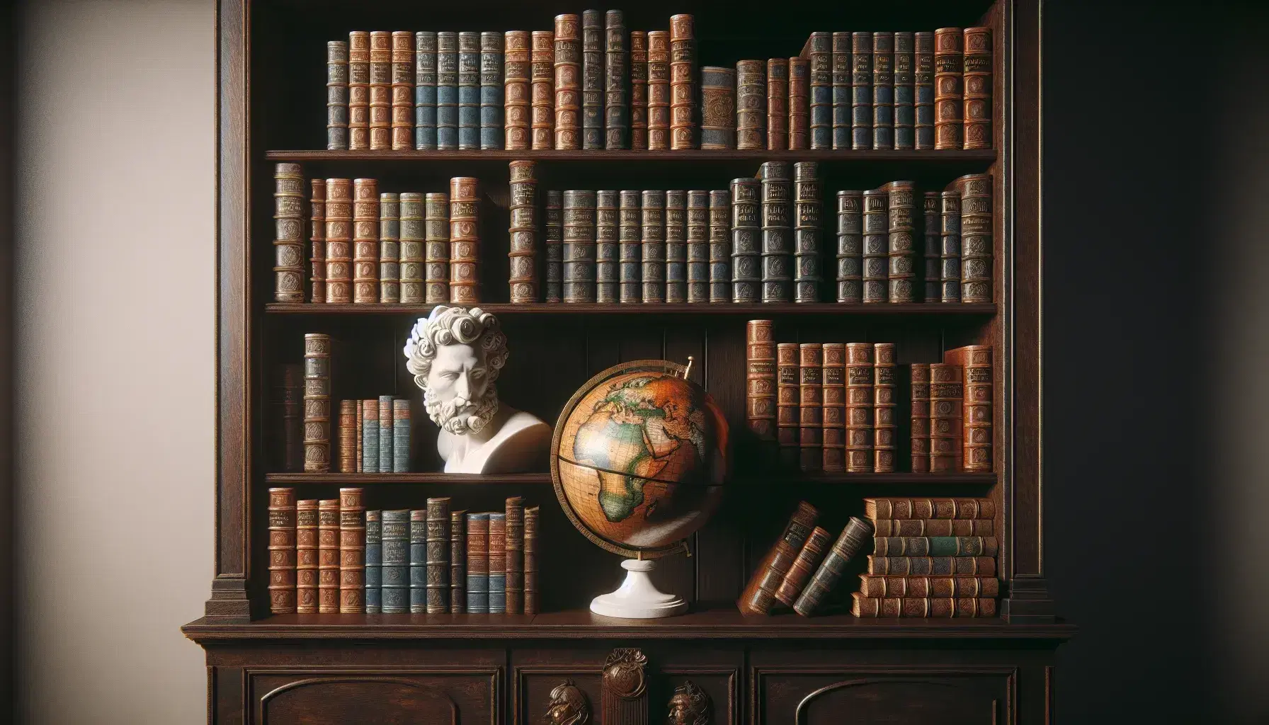 Librería de madera oscura repleta de libros antiguos con lomo de colores variados y globo terráqueo clásico en el centro, sobre ella busto blanco de pensador.
