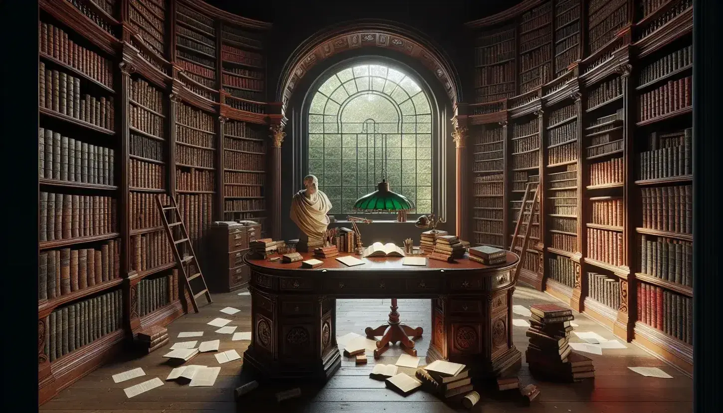 Biblioteca antica con scaffali in legno scuro pieni di libri rilegati, scrivania ovale con lampada e finestra su giardino, statua marmorea.