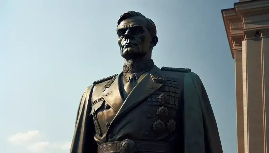 Estatua de bronce de hombre en uniforme militar con medallas, mostrando una expresión seria y dominante, bajo un cielo despejado.