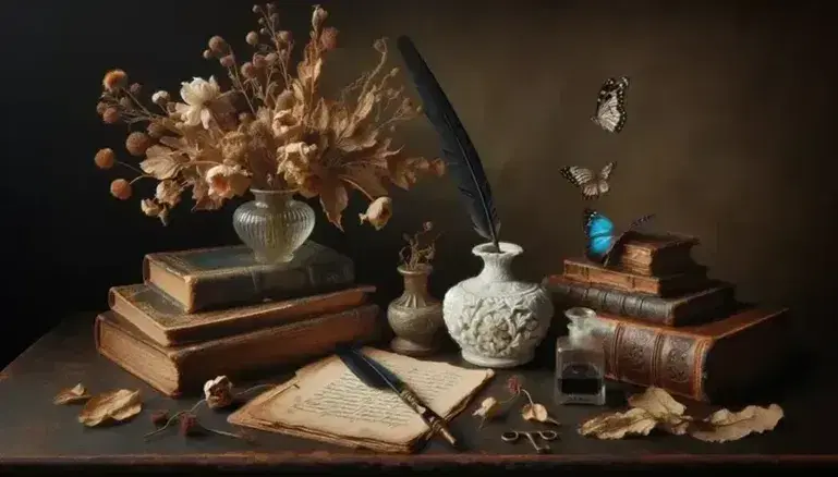 Natura morta con calamaio in porcellana bianca, penna d'oca, libro antico aperto, vaso con fiori secchi e farfalla blu su tavolo scuro.