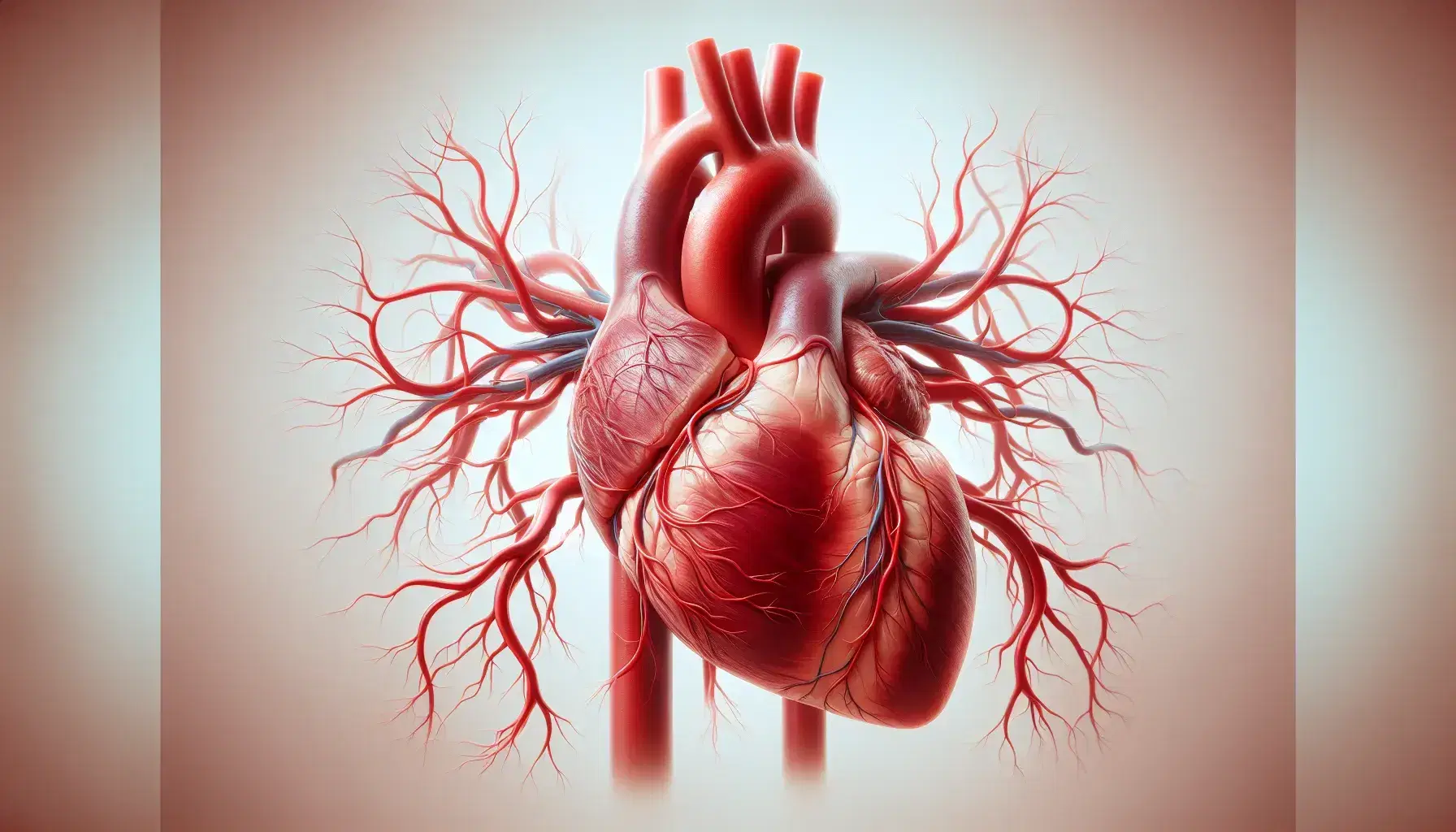 Corazón humano realista con red de arterias y venas en tonos rojos y azules sobre fondo suave degradado, sin texto ni símbolos.
