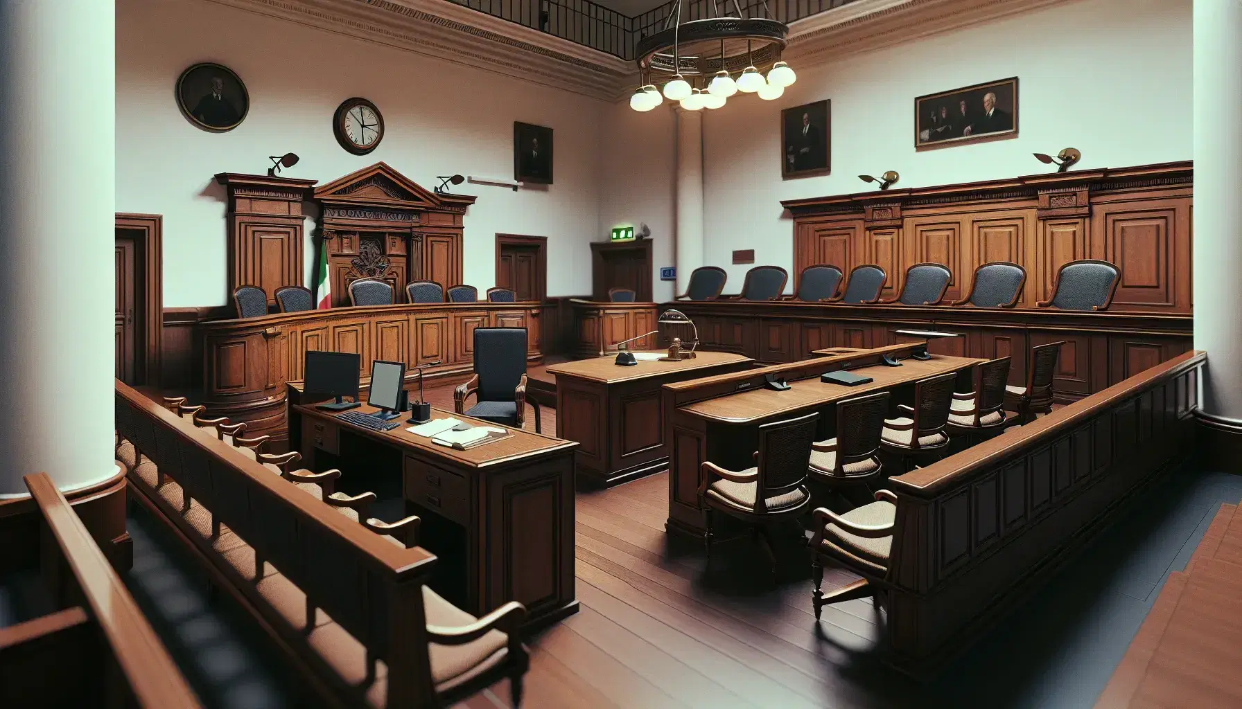 Aula di tribunale italiana vuota con banco del giudice in legno scuro, postazioni per avvocati, testimoni e pubblico, illuminazione semplice.