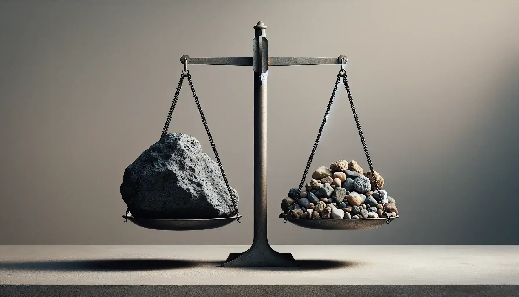 Balanza de dos platos en equilibrio con roca grande en un lado y pequeñas piedras variadas en el otro, sobre superficie lisa.