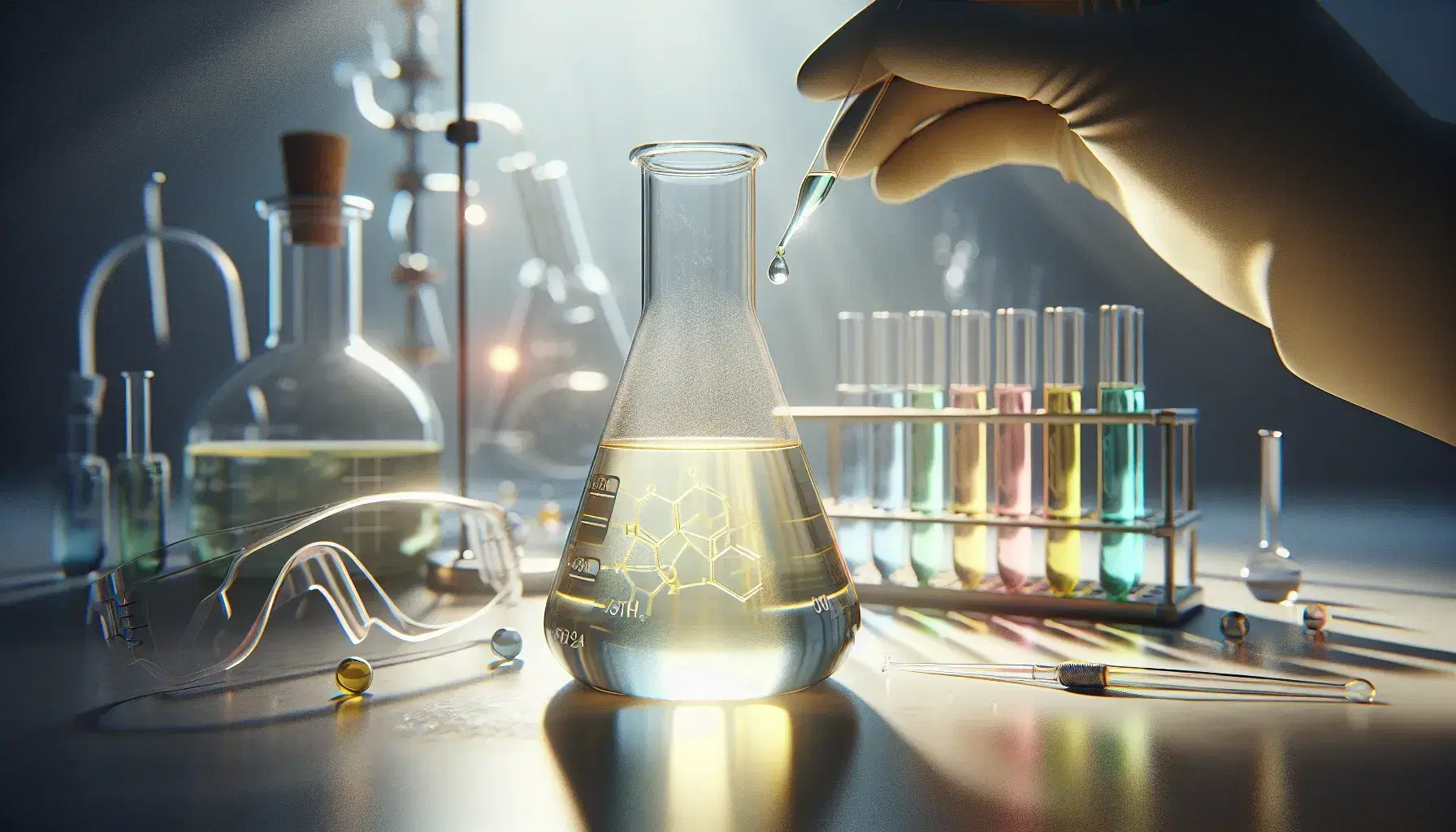 Glass laboratory bottle with pale yellow amine solution, rack with colored test tubes, safety glasses and gloved hands with dropper.