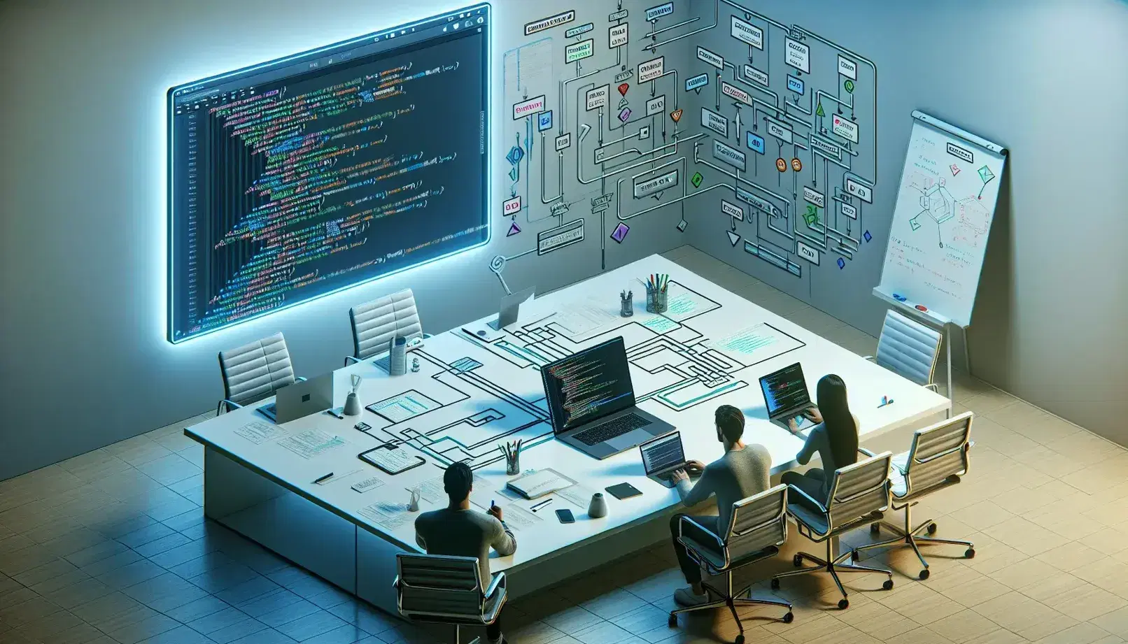 Modern office environment with three developers collaborating around a laptop, with a whiteboard and colorful flow chart, in a bright room.