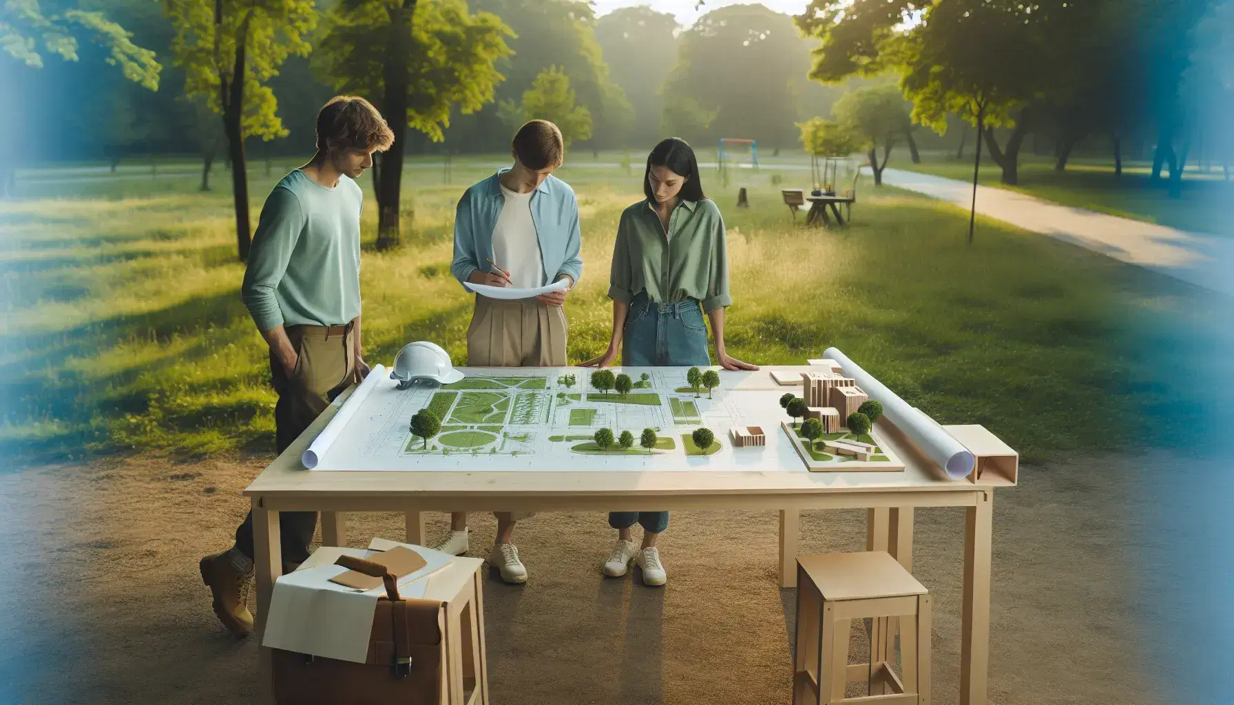 Equipo de trabajo colaborando en proyecto ambiental al aire libre, analizando plano y maqueta de paisaje con edificaciones y zonas verdes, rodeados de naturaleza en día soleado.