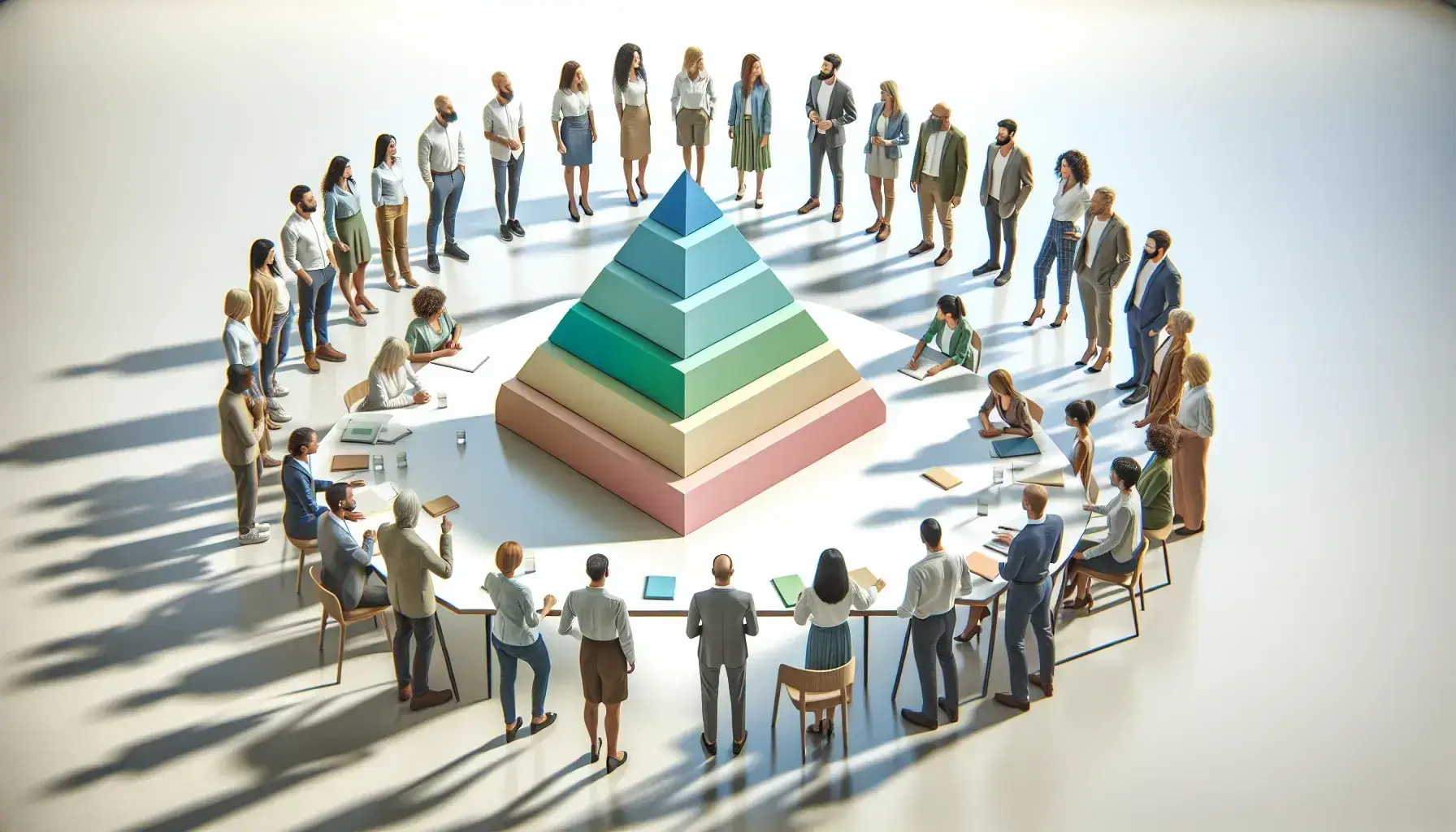 Grupo diverso de personas en reunión alrededor de una mesa con modelo a escala de pirámide de bloques de colores pastel, en una sala iluminada naturalmente.