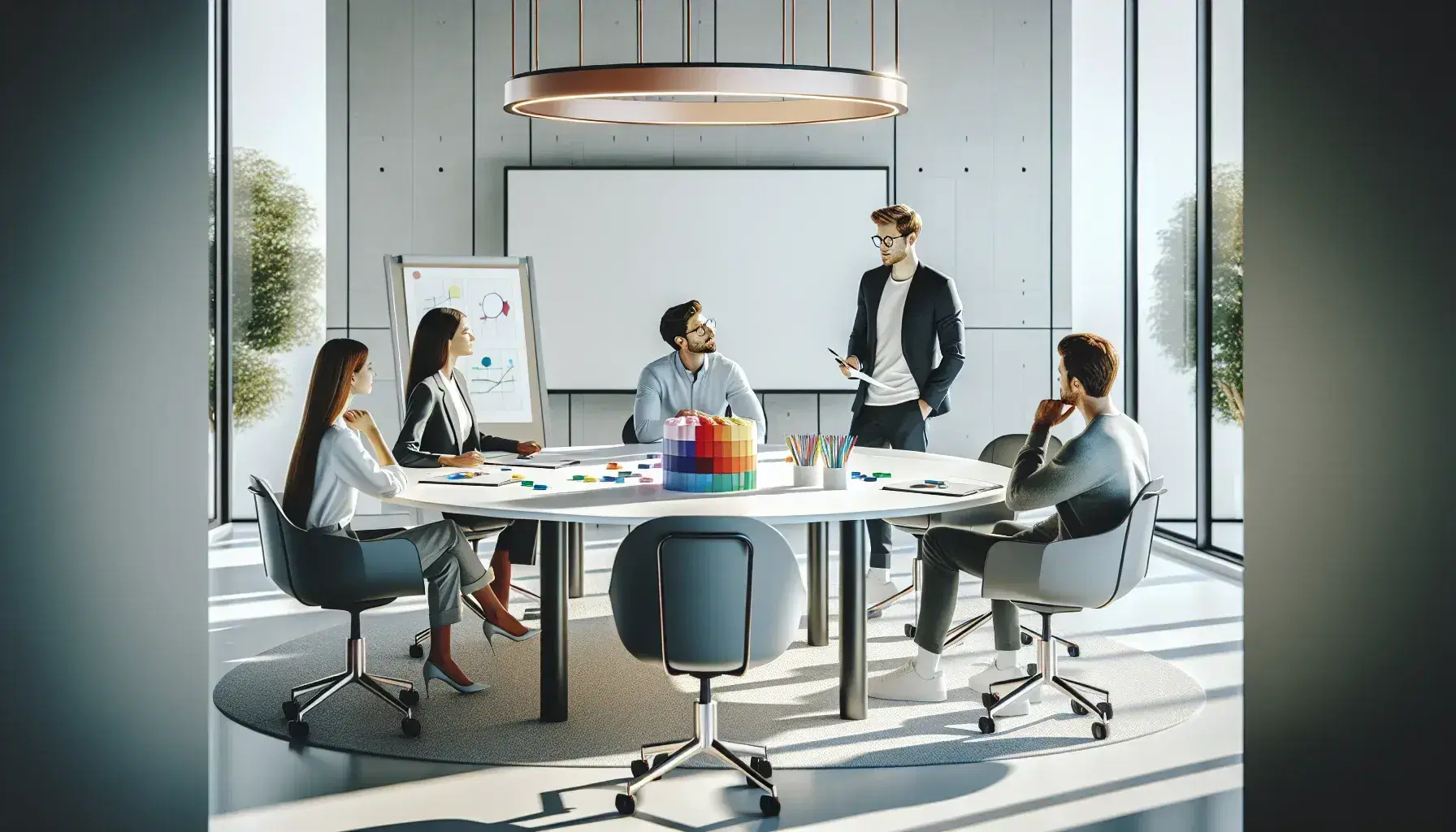 Grupo de cinco profesionales en reunión creativa alrededor de una mesa redonda con papeles, rotuladores de colores y bloques de construcción, en una sala iluminada con luz natural.