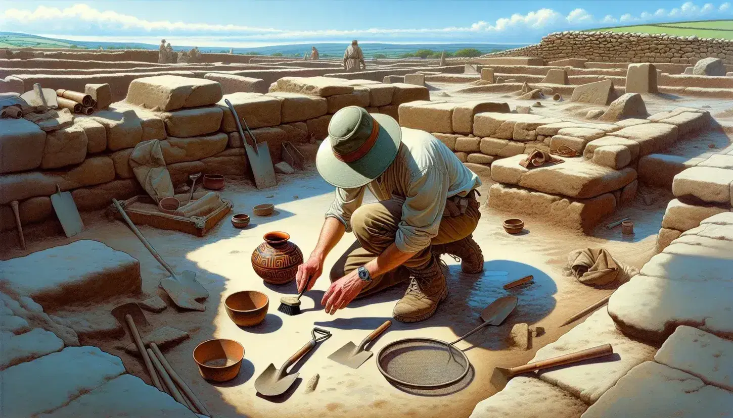 Archeologo in abiti da lavoro scava con attenzione un vaso ceramico decorato tra strumenti di scavo e resti di antiche rovine sotto un cielo sereno.