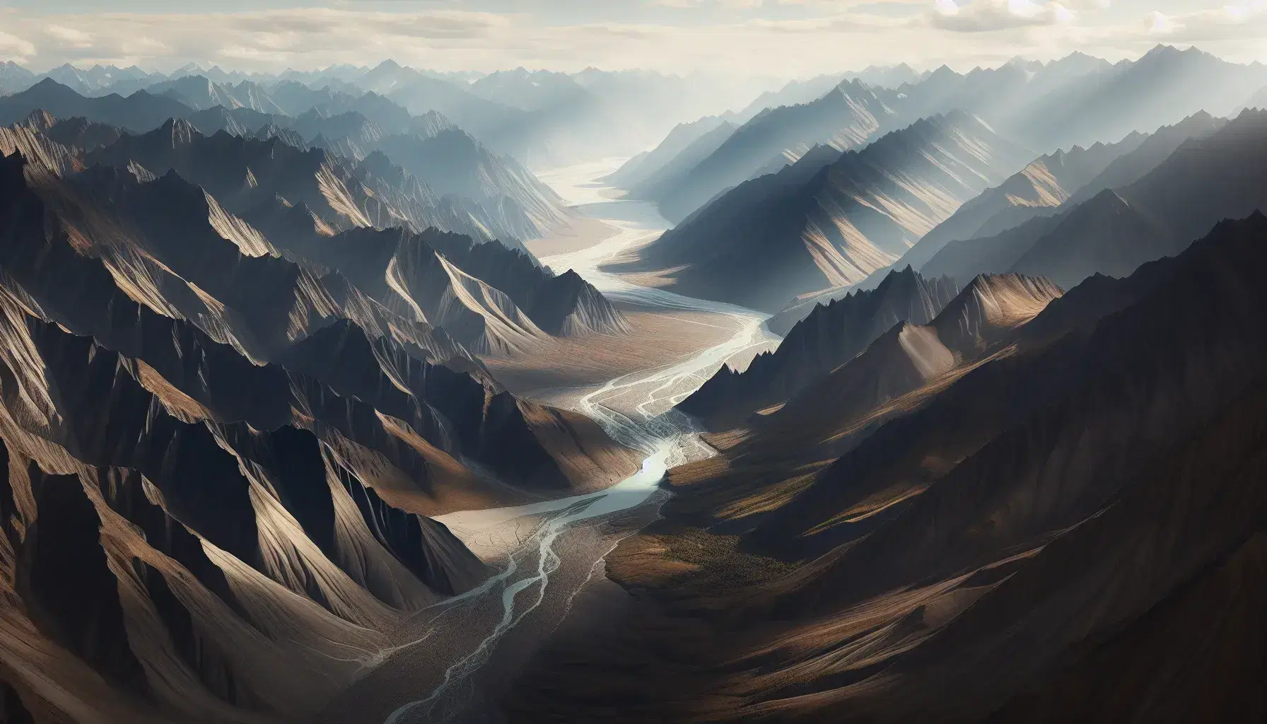 Vista aérea de una cadena montañosa con picos y valles, un río serpenteante y vegetación dispersa bajo un cielo despejado, sin señales de intervención humana.