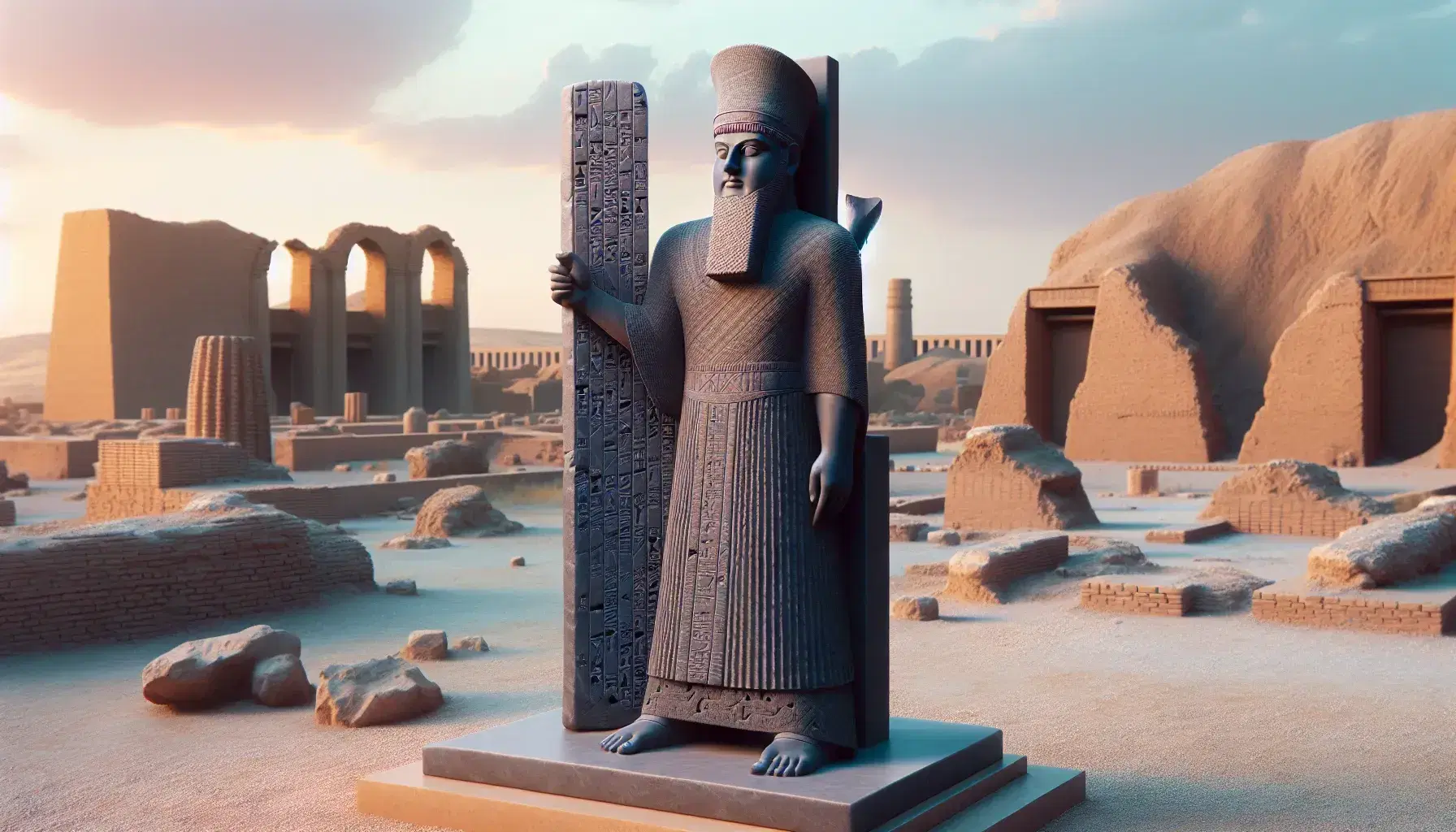 Statua in pietra scura di Hammurabi con tunica babilonese e bastone, mano alzata, su sfondo di rovine antiche al tramonto e tavoletta cuneiforme.