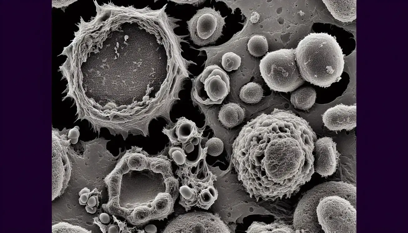 Microscopio electrónico muestra células humanas en descomposición, con una central en necrosis, otra en apoptosis a la derecha y varias en necroptosis abajo, en un fondo negro.
