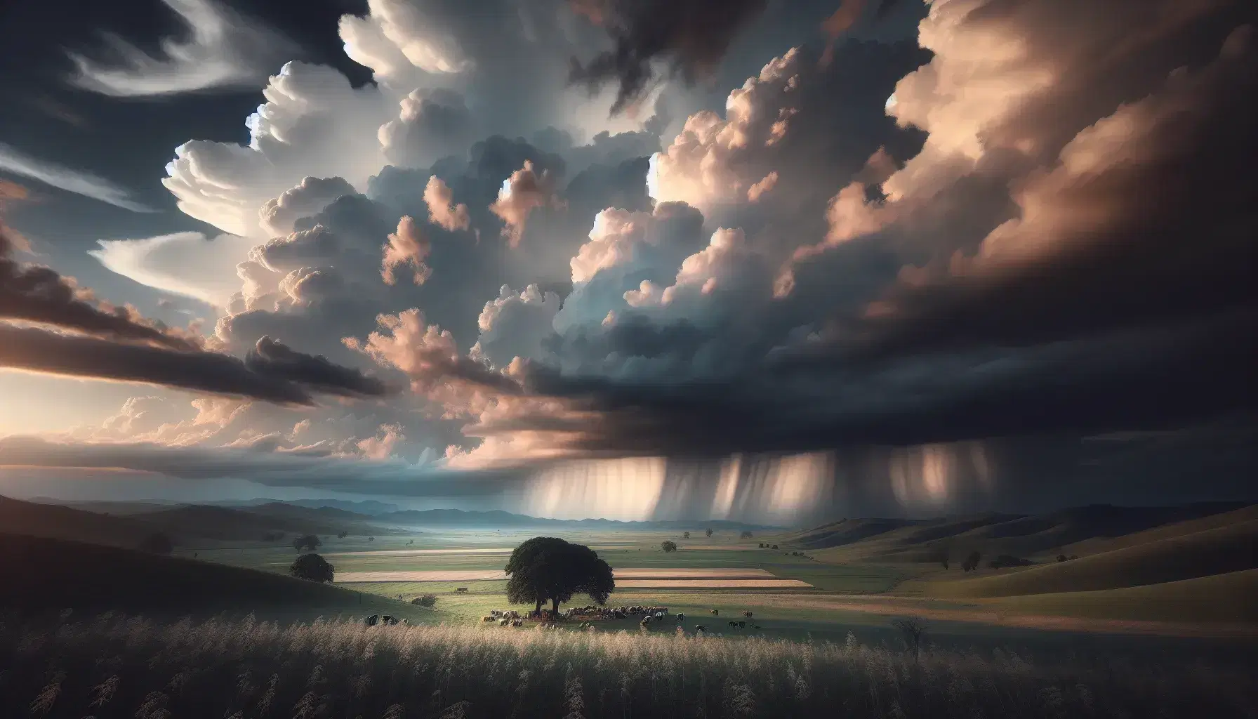 Paesaggio rurale al tramonto con cielo nuvoloso, campi verdi, colline in lontananza e persone sotto un albero.