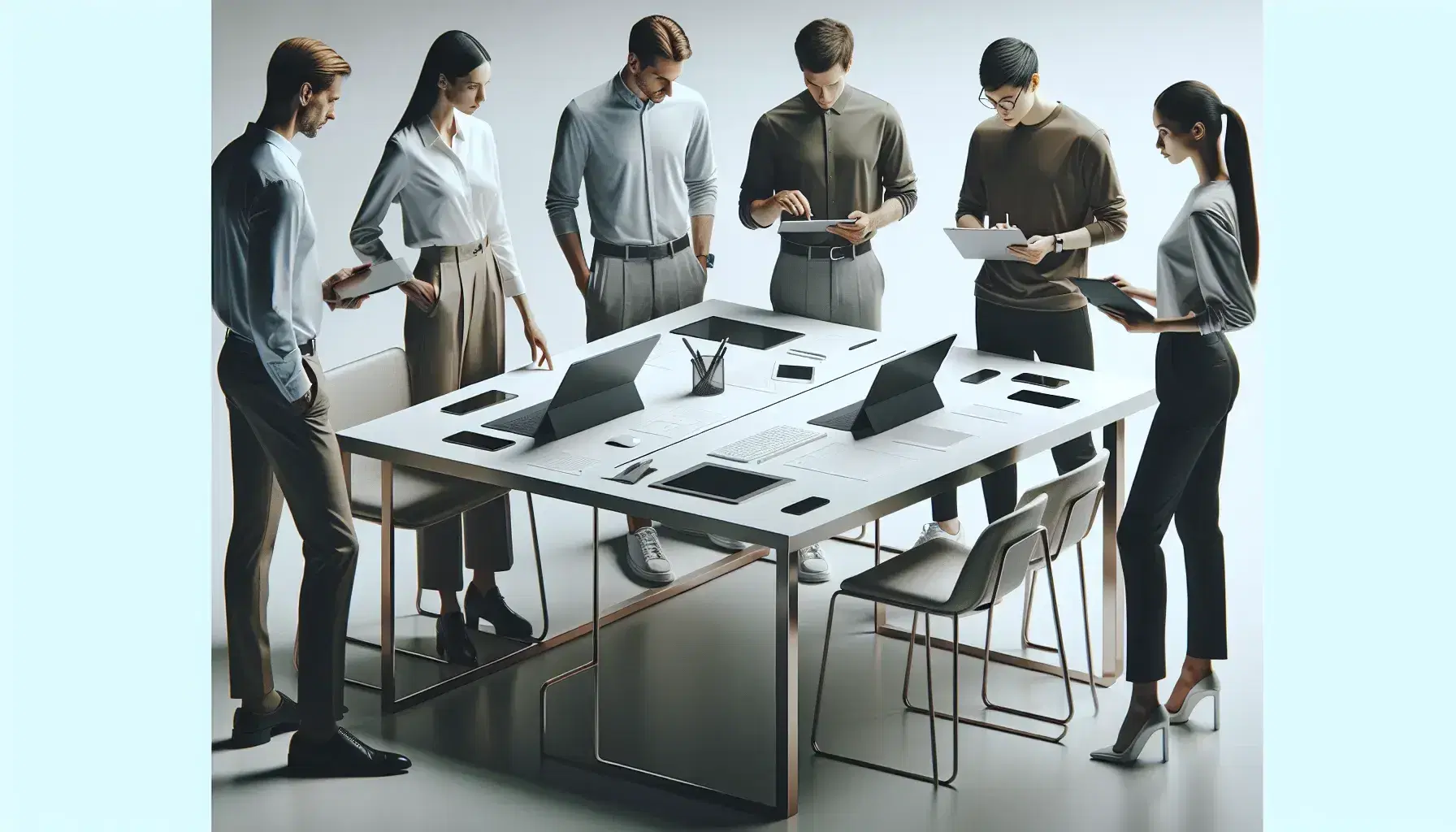 Grupo de cinco profesionales colaborando en una mesa de trabajo moderna con laptops, tablet y smartphones, en un ambiente iluminado y minimalista.