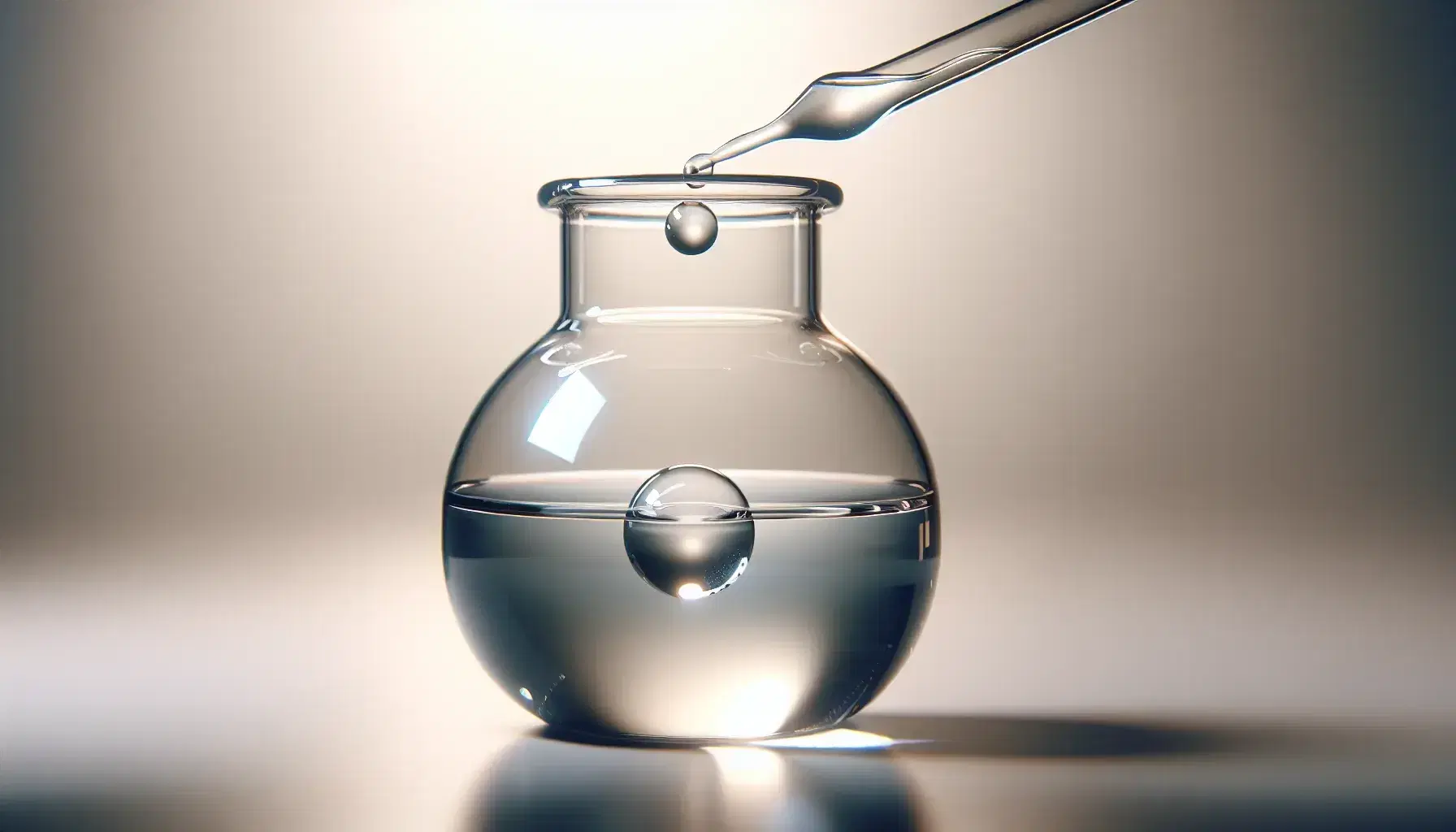 Transparent glass flask on reflective surface with colorless liquid and suspended bubble, dropper releases a drop, blurred neutral background.