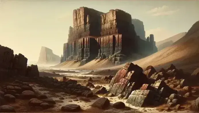 Formazione rocciosa stratificata con tonalità dal rosso scuro al beige, erosa e circondata da detriti sotto un cielo azzurro con nuvole sparse.
