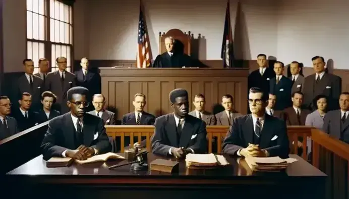 Mid-20th century courtroom scene with three concentrated black lawyers, American flag in the background, and attentive audience.