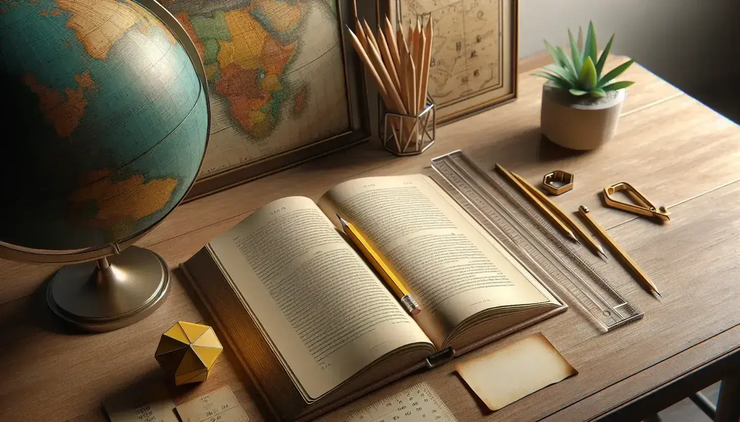 Escritorio de madera con libro abierto, lápiz amarillo, regla transparente, globo terráqueo y planta verde, en una composición ordenada y bien iluminada.