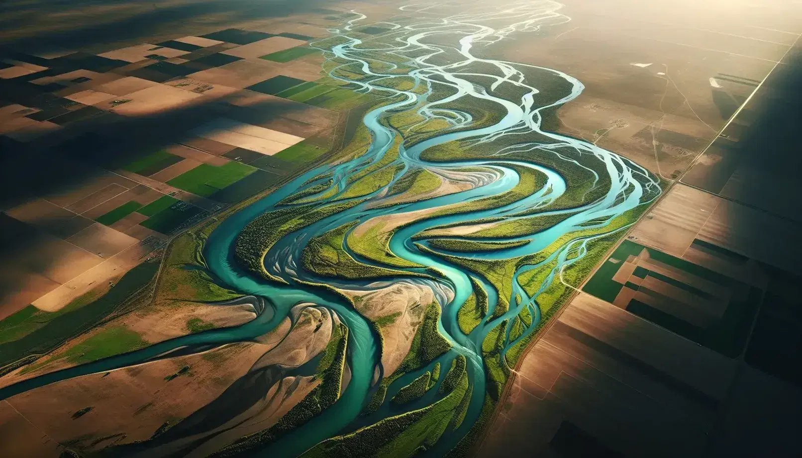 Fiume serpeggiante in una pianura vasta con rive verdi e campi coltivati, senza segni di urbanizzazione, sotto una luce solare vivida.