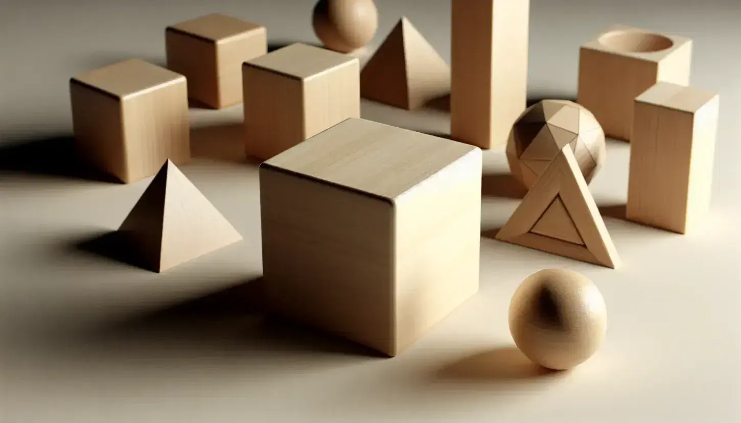 Figuras geométricas de madera en 3D sobre superficie clara, incluyendo un cubo, esfera, prisma triangular y pirámide cuadrada, con sombras marcadas.