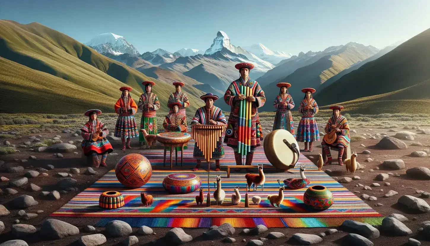 Grupo de adultos y niños en atuendos tradicionales tocando flauta de pan y tambor en paisaje montañoso con textiles y esculturas en primer plano.