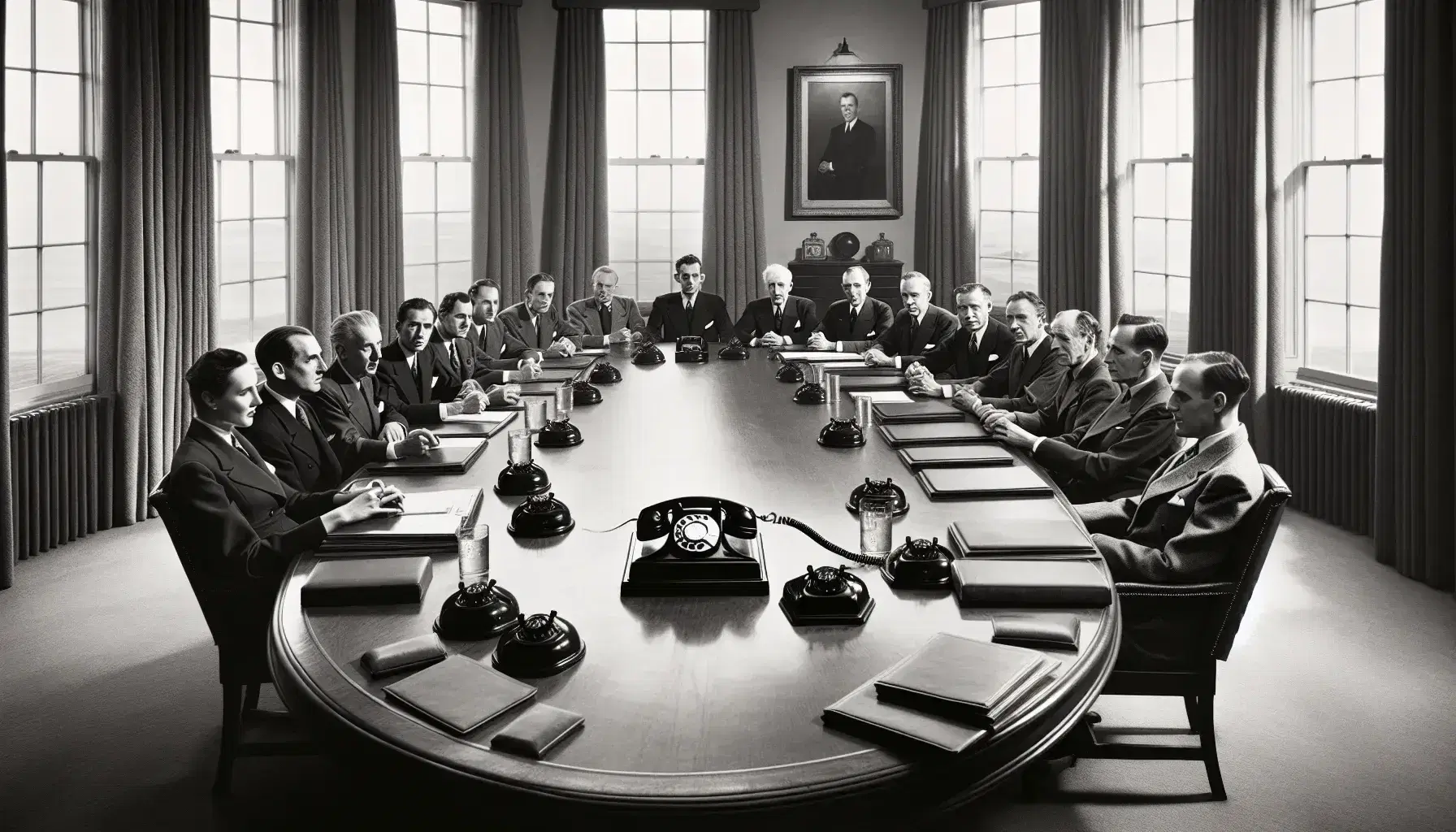 Diverse group in formal attire at a mid-20th-century international meeting, with rotary phones and folders on a wooden table, in a well-lit room.