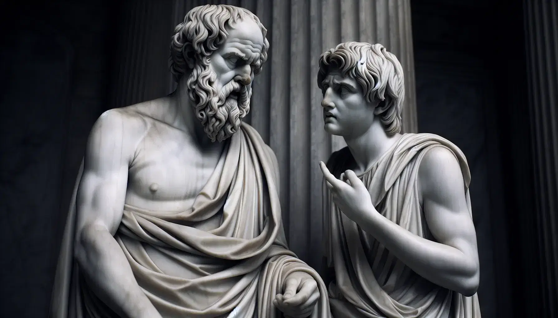 Scultura in marmo di Socrate con barba folta in dialogo con giovane discepolo, entrambi in abiti d'epoca, su base di pietra grigia, sfondo sfocato con colonne.