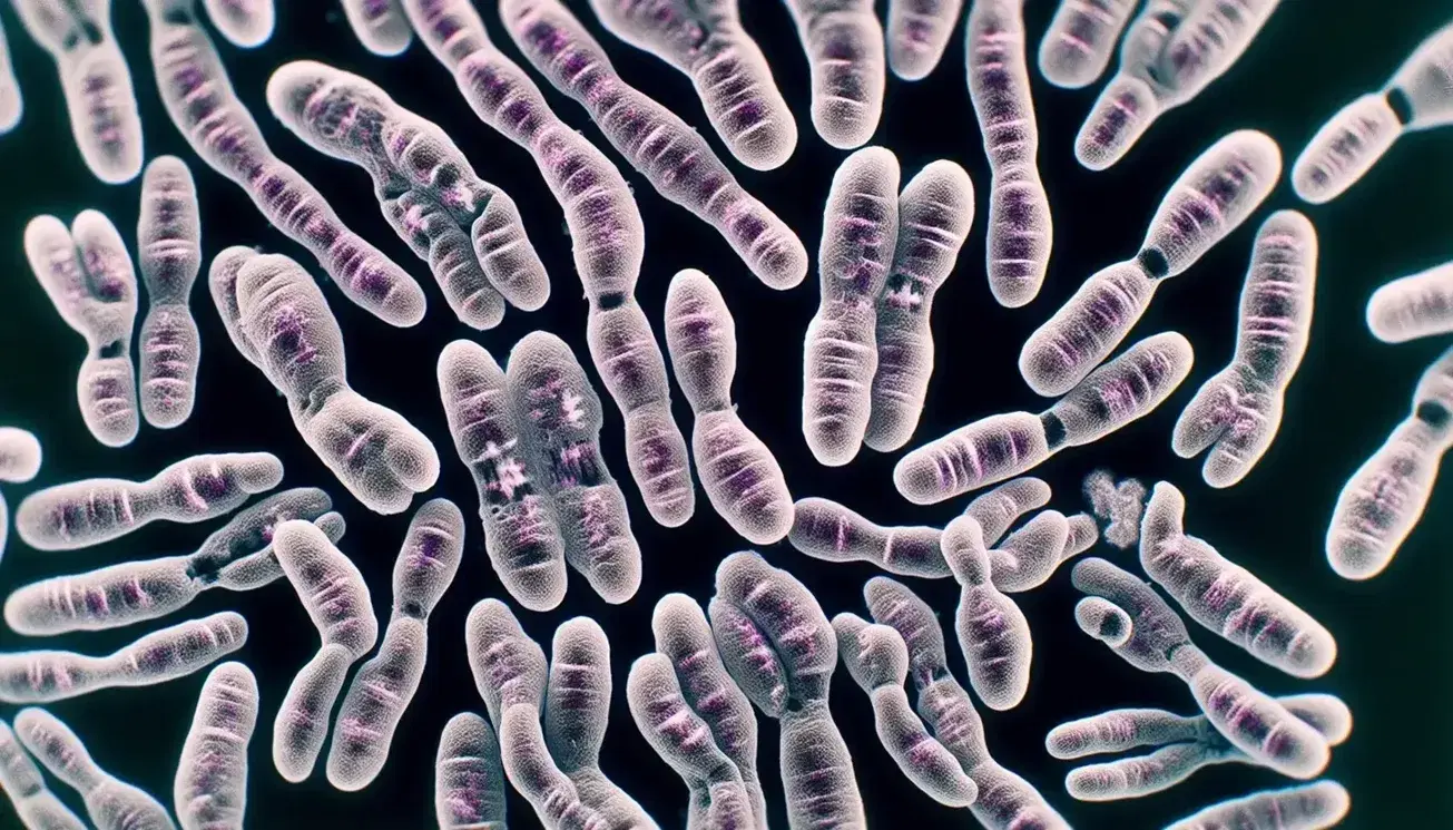 Vista microscópica de cromosomas humanos en metafase de mitosis con centromeros visibles y brazos desiguales, teñidos en tonos rosados y morados sobre fondo negro.