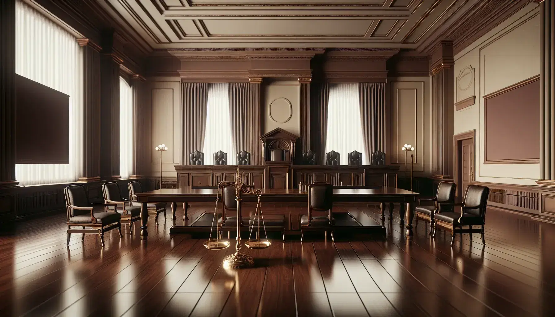 Sala de tribunal vacía con mesa central para juez, mesas enfrentadas para abogados, estrado lateral, paredes crema y balanza de justicia en bronce.